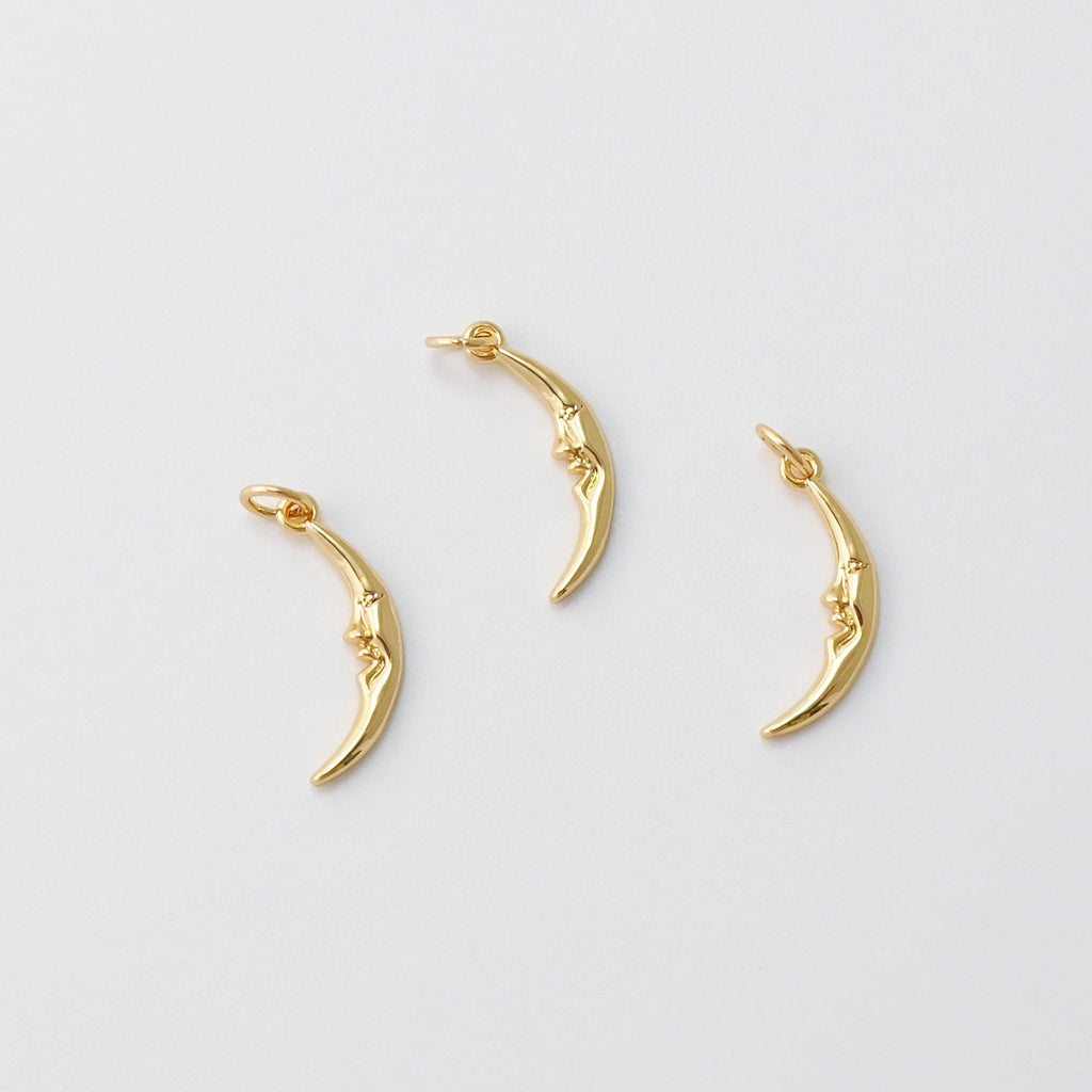 Crescent Moon Face Charm, 18K Gold Plated Slim Moon Pendant, Tiny Horn Charms, 15x4mm, Jewelry Findings S763