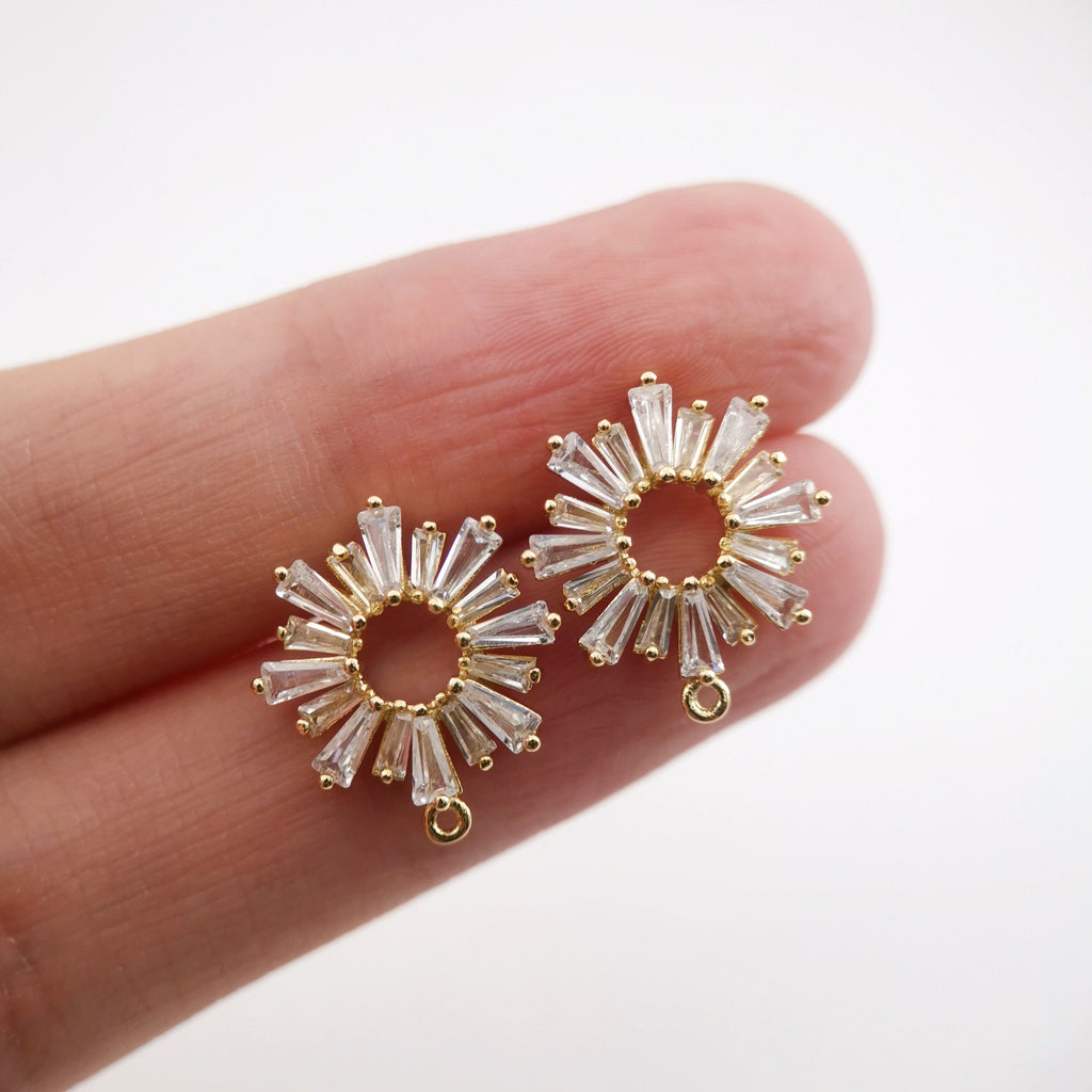 Cubic Zirconia Circle Post Earrings,Gold Plated Earring Post with Loop,Hypoallergenic,DIY Earring Findings,Handmade Earring Supplies D0034