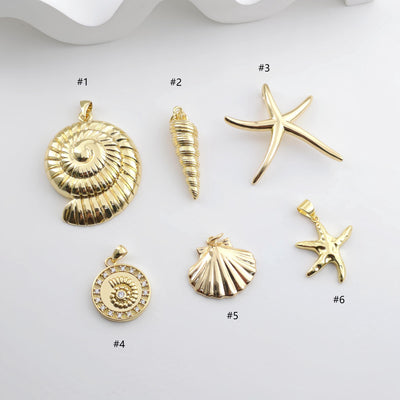 Gold Marine Life Pendant, 18k Gold Plated Brass Charm, Polish Gold Shell Pendant, Starfish Charm, Necklace Making, Jewelry Findings S1299