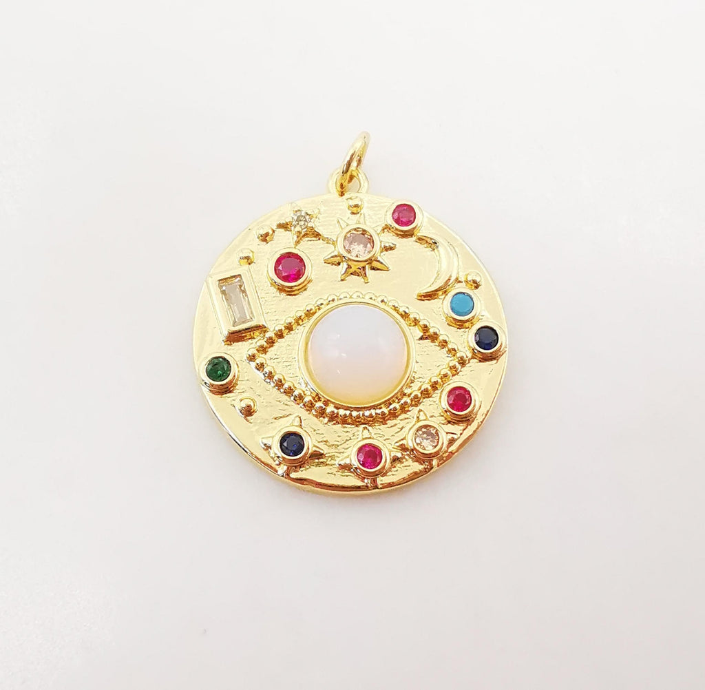 Colorful Cubic Evil Eye Charm, 18K Gold Plated Micro CZ Pave Round Pendant, 24mm, 17mm, Necklace Making Charm, Jewelry Findings S1080
