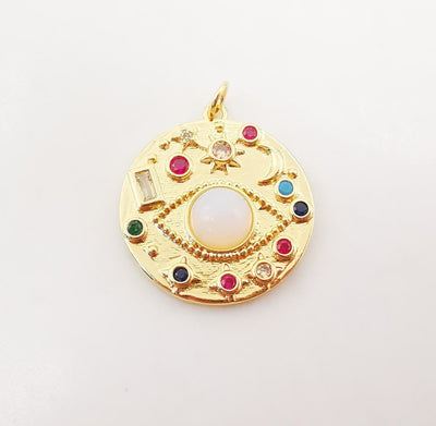 Colorful Cubic Evil Eye Charm, 18K Gold Plated Micro CZ Pave Round Pendant, 24mm, 17mm, Necklace Making Charm, Jewelry Findings S1080