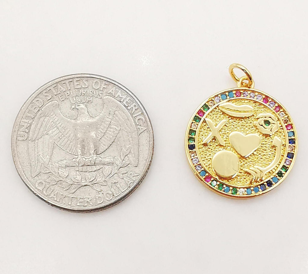 Love Charms, Round CZ Pave Charm, 18K Gold Plated Cubic Zirconia Eye Pendant, 19mm, Necklace Making Pendants, Jewelry Findings S1087