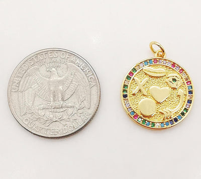 Love Charms, Round CZ Pave Charm, 18K Gold Plated Cubic Zirconia Eye Pendant, 19mm, Necklace Making Pendants, Jewelry Findings S1087