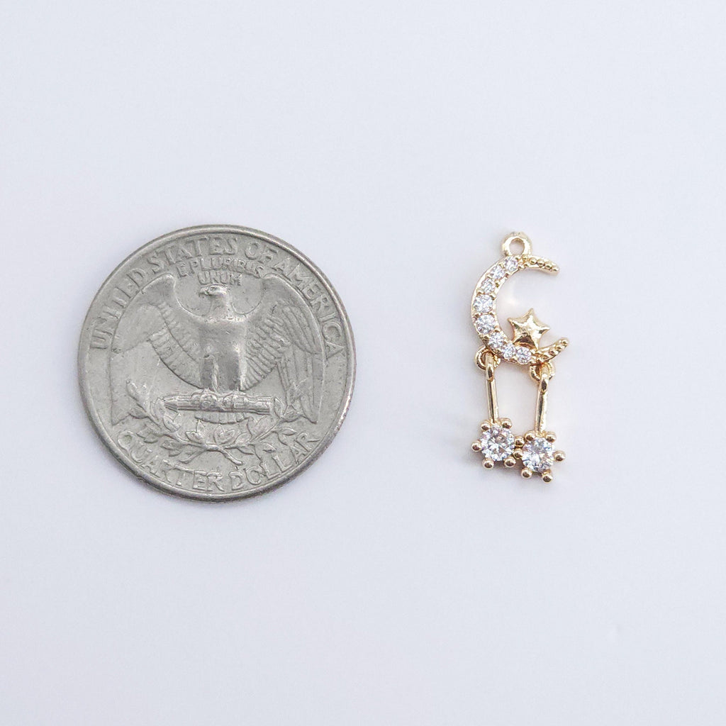 CZ Pave Moon and Star Charm, Cubic Zircon Crystal Pendant, CZ Earring Charms,  Real Gold Plated Earring Charms, Jewelry Findings ZR017-F124