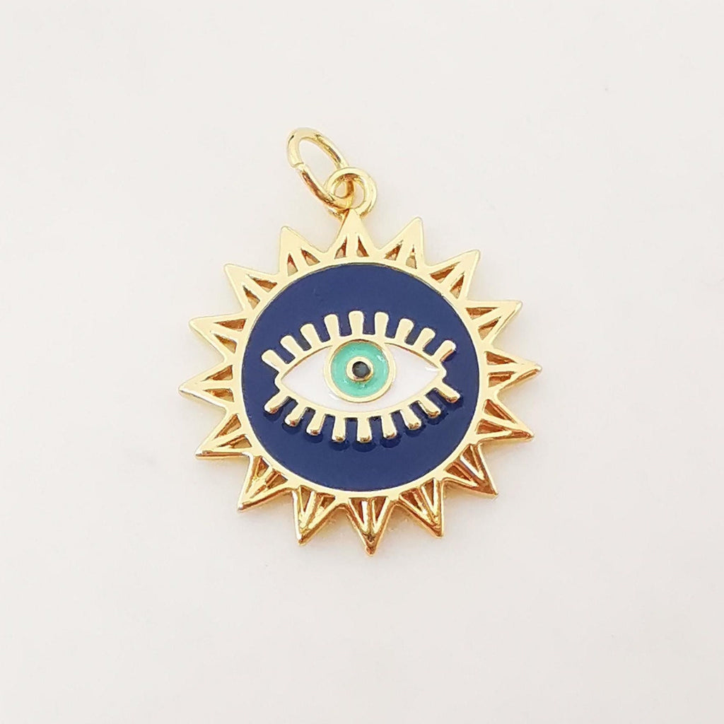 Dark Blue Enamel Evil Eye Charm, 18K Gold Plated Sun Eye Pendant, 19mm, Necklace Making Charm, Jewelry Findings S1073