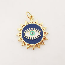 Load image into Gallery viewer, Dark Blue Enamel Evil Eye Charm, 18K Gold Plated Sun Eye Pendant, 19mm, Necklace Making Charm, Jewelry Findings S1073