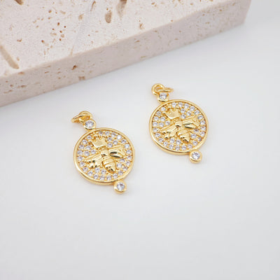 Little Bee Charms, 18K Gold Plated Tiny Bee Pendant, CZ Pave Round Pendant, Necklace Making Charms, Jewelry Findings S362