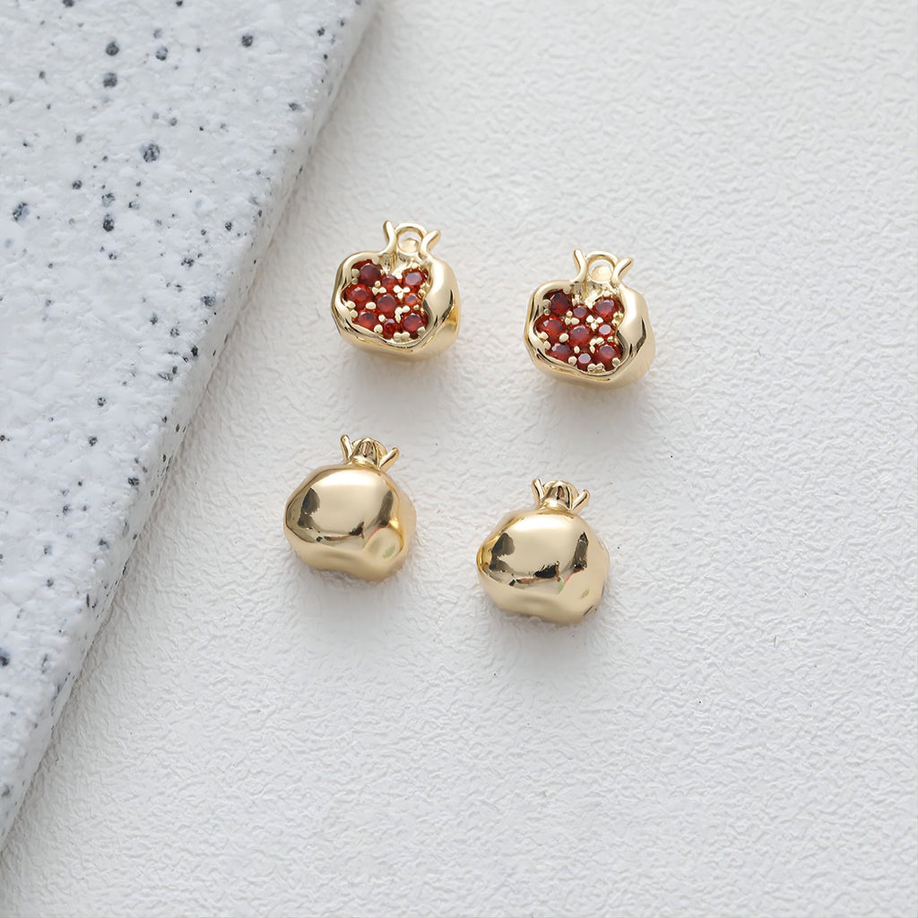 3D Pomegranate Pendant, Fruit Charm, 14K Gold/Silver, Pave Red CZ, Necklace Charms, Jewelry Findings GS011