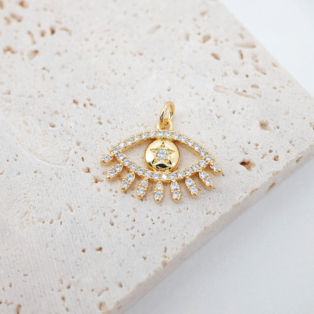 Cubic Evil Eye Charm, 18K Gold Plated Micro CZ Pave Eye Collection Pendant Necklace Making Charm, Jewelry Findings S20223