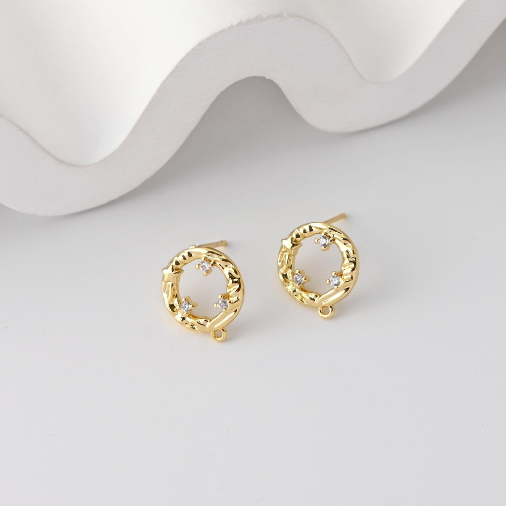 Round Earrings Post With Loop, CZ Pave, 18K Gold Plated, Nickel Free, S925 Silver Pin, Ear Stud Hypoallergenic Earring Findings D0402