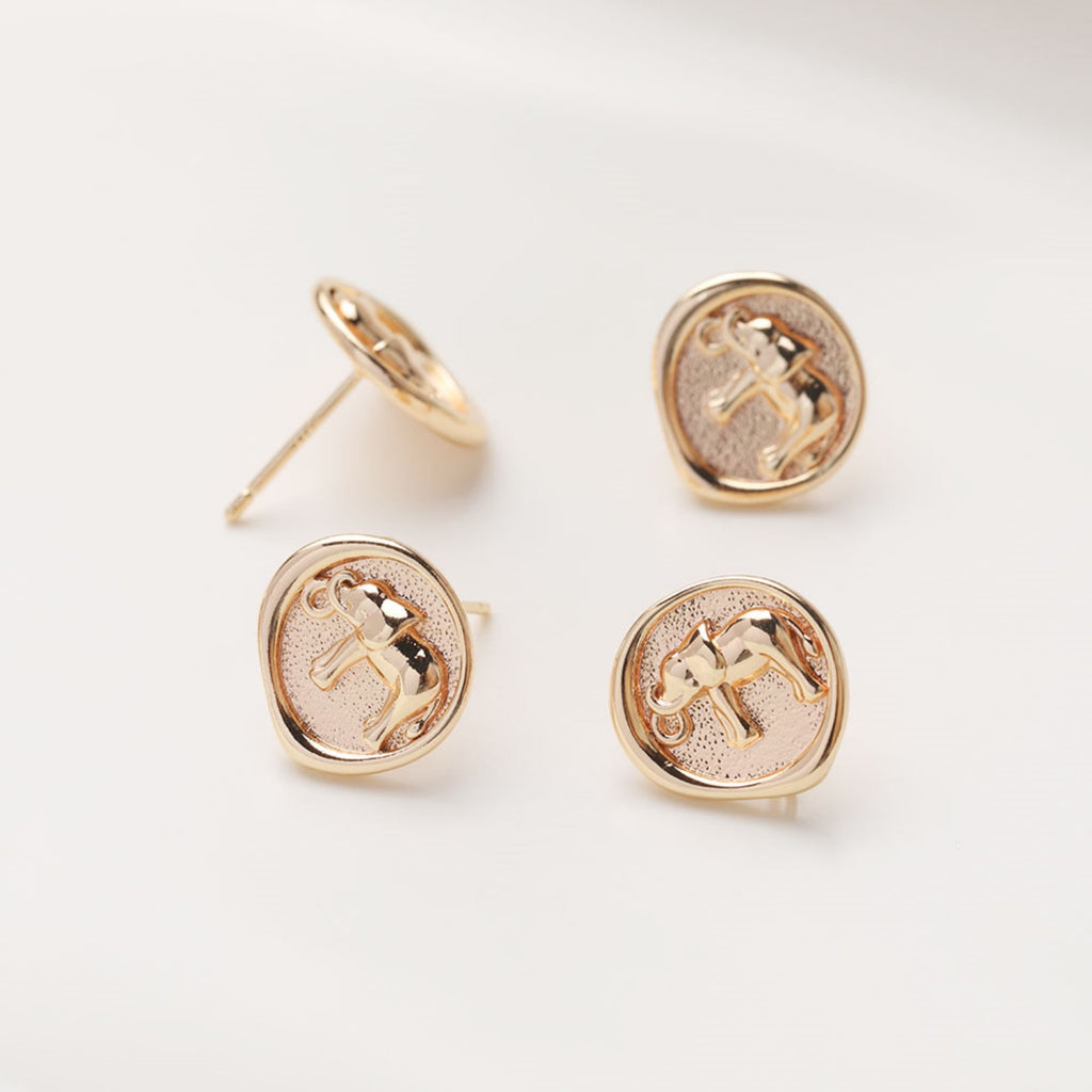 Stamped Elephant Stud Earrings with Loops, Animal Stud Earring Nickel Free, 13.5mm, Hypoallergenic Earring Findings JG007