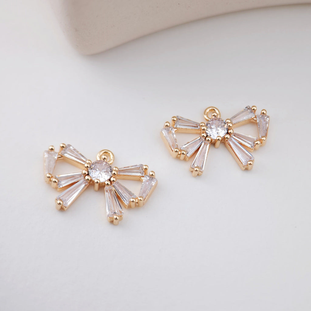 Cubic Bow Charm, 14K Gold Plated Bow Tile Pendant, Clear Micro CZ Pave Bowtie Charm, 18x12mm, Jewelry Findings STG013-F168-F075