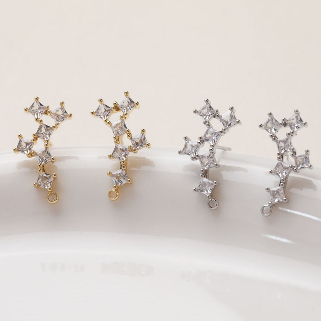 Irregular Pave CZ Earring Post, 14K Gold/Silver Plated,  S925 Silver Pin Nickel Free Earrings, Hypoallergenic Earring Findings GZ397