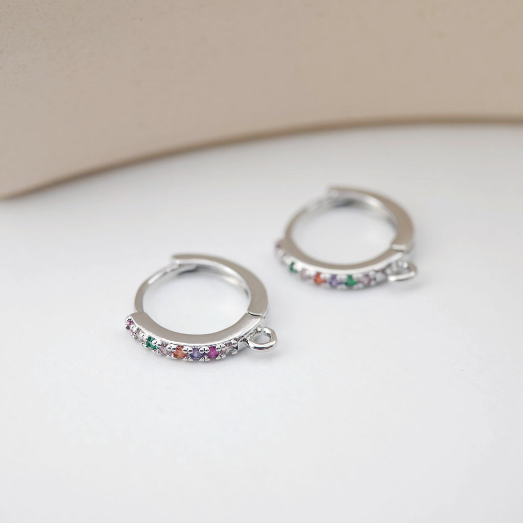 Rainbow Pave Cubic Ear Hoops Multicolor Pave Crystal , 14mm, 18K Gold Plated Leverback Earrings, Huggie Hoops Earring D0145