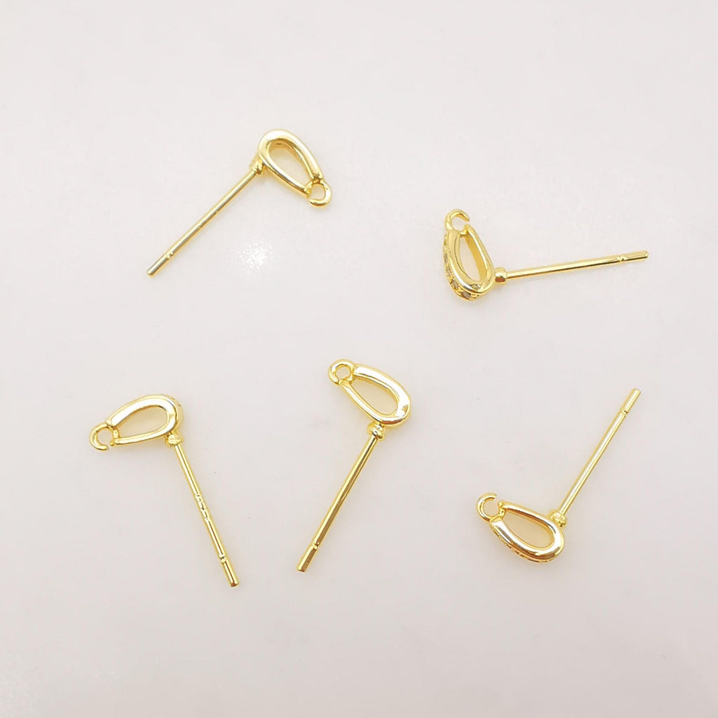 10PCS Tiny Ear Post with Loops, Nickel Free, Micro CZ Pave, 7x2mm, 18K Gold Plated Stud Earring Finding S267