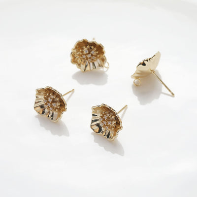 Cubic Flower Earring Post with Loops, S925 Silver Pin Nickel Free Earrings, CZ Pave Ear Stud Loop, Hypoallergenic Earring Findings BB045