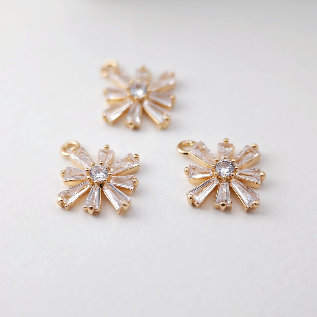 CZ Pave Flower Charm, Cubic Pendant, Earring Connectors, Real Gold Plated Brass Earring Charms, Jewelry Findings D0074
