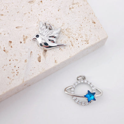Saturn Planet Charm, Bird Charm, White Gold Plated, Necklace Making Charms, Jewelry Findings S900