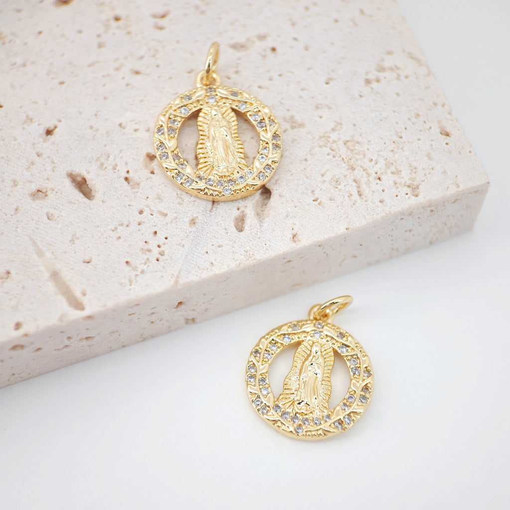 Cubic Saint Maria Charm, Religious Pendant, 18K Gold Plated Micro CZ Pave Our Lady Pendant, Vintage Necklace Making Charm S853