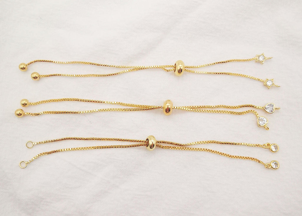 5PCS Adjustable Bracelet Making Chain For Making, 18K Gold Plated Half Finished Slide Box Chain with Rubber Stopper Beads 1.2mm Flat, S992