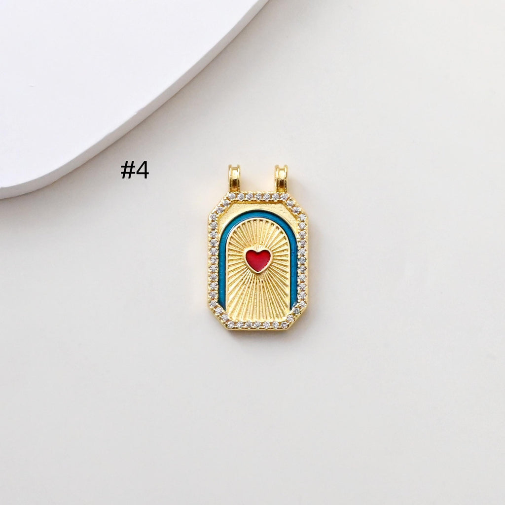 Rectangular Card Charm, 18K Gold Plated CZ Pave Pendant, Heart Charm, Four Leaf Clover Charm, Necklace Making Charm, Jewelry Findings S1384