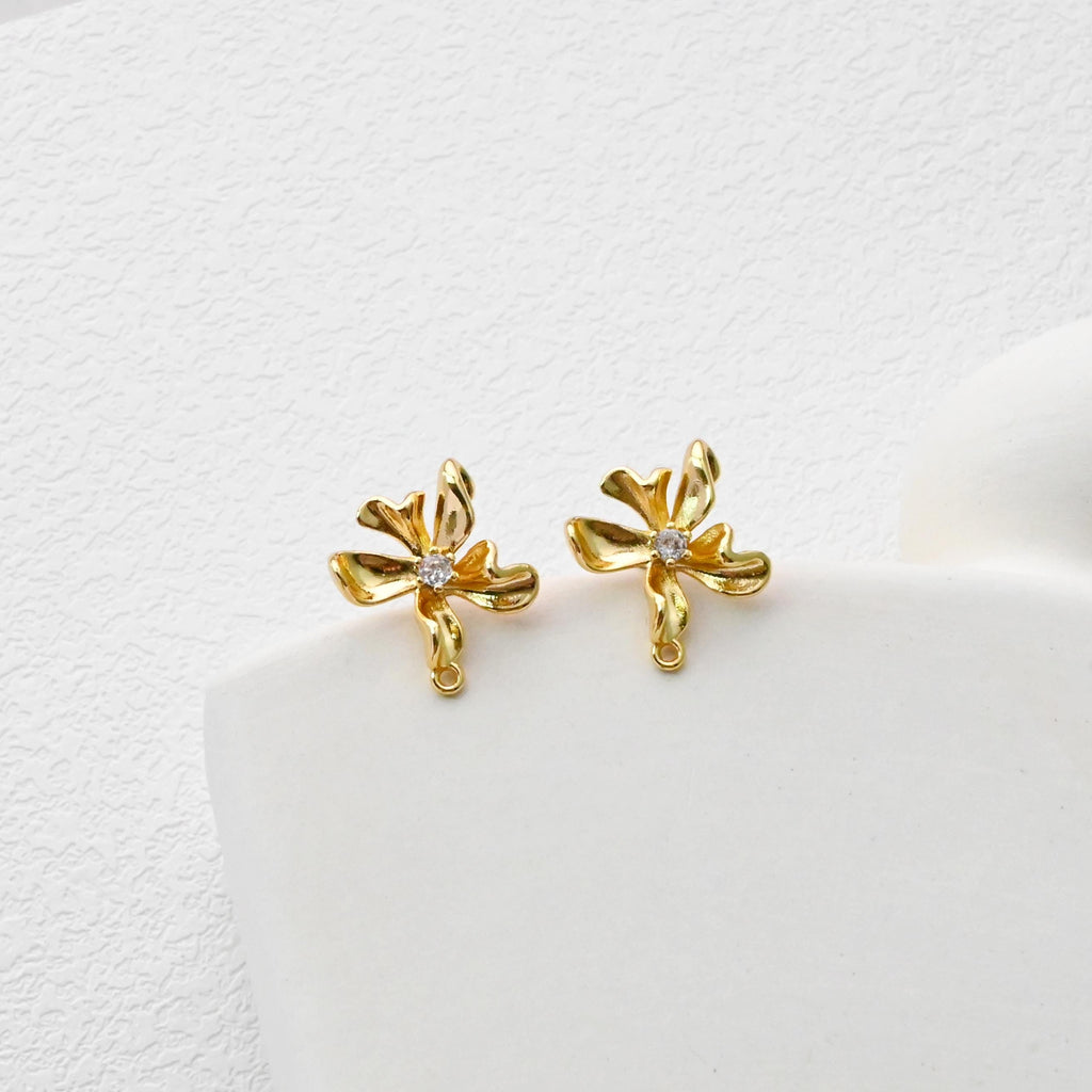 Flower Earring Post, 18K Real Gold Plated Brass Stud Earring With Loop, S925 Silver Pin, CZ Pave, Nickel Free, Earring Finding D0490
