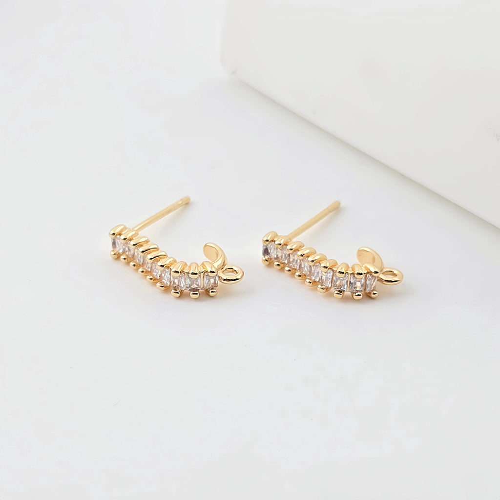 J Shape Ear Post with Loop, Nickel Free, CZ Pave, 15.2*3.7mm, Silver/18K Gold Plated Stud Earring Finding ZX303