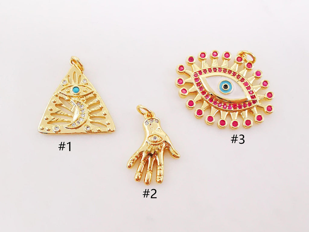 Evil Eye Charm, Hamsa Hand Pendant, Triangular Charm, 18K Gold Plated CZ Pave Eye Pendant, Necklace Making Charm, Jewelry Findings S996