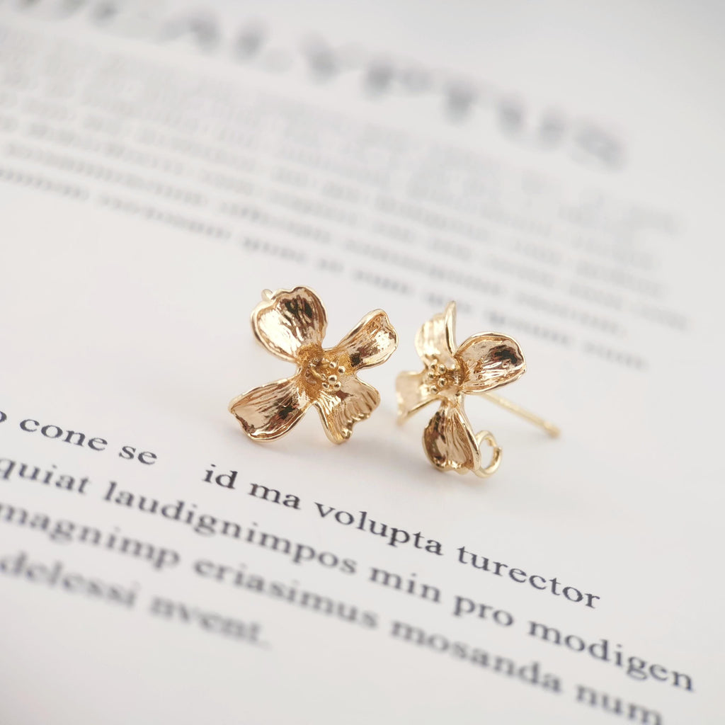 4PCS Flower Earring Post, 18K Real Gold Plated Brass Stud Earring With Loop, S925 Silver Ear Stick, Nickel Free, Earring Finding ZX043