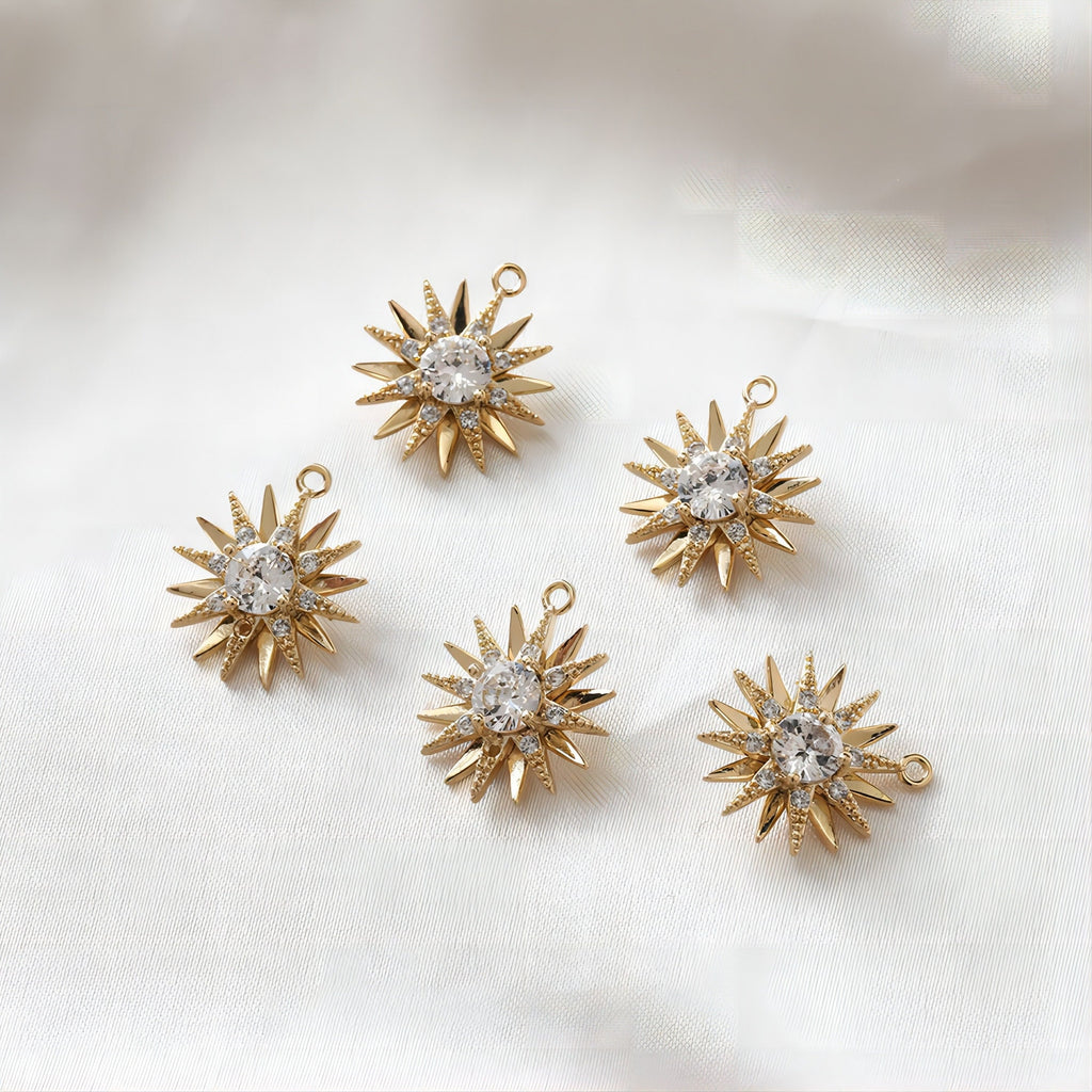 Danity Sun Shape Pendant, 14K Gold Plated, Crystal Charms, 15x17mm Jewelry Findings JH034