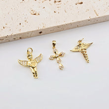 Load image into Gallery viewer, Gold Angel Charm Pave CZ, Cross Charm, Fly Charm, 18K Gold Plated, Pendant for Necklace and Bracelet, Jewelry Findings S1275