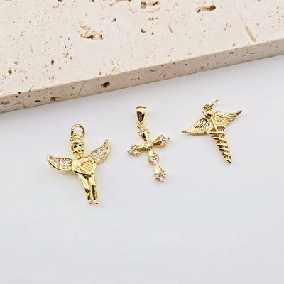 Gold Angel Charm Pave CZ, Cross Charm, Fly Charm, 18K Gold Plated, Pendant for Necklace and Bracelet, Jewelry Findings S1275