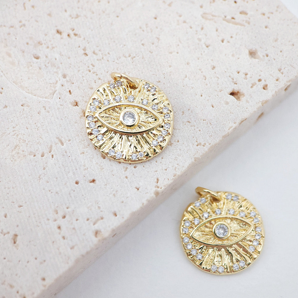 Cubic Evil Eye Charm, 18K Gold Plated Micro CZ Pave Round Pendant, 15mm, Necklace Making Charm, Jewelry Findings S129