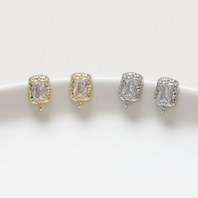 Rectangular CZ Pave Ear Post With Loop, S925 Silver Ear Pin Nickel Free, Gold/Silver Ear Stud, Hypoallergenic Earring Findings ZZ034
