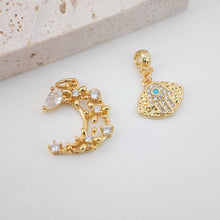 Load image into Gallery viewer, Cubic Crescent Moon Charm, Eye Charm, 18K Gold Plated Moon Pendant, Clear Micro CZ Pave Horn Charms, Jewelry Findings S774