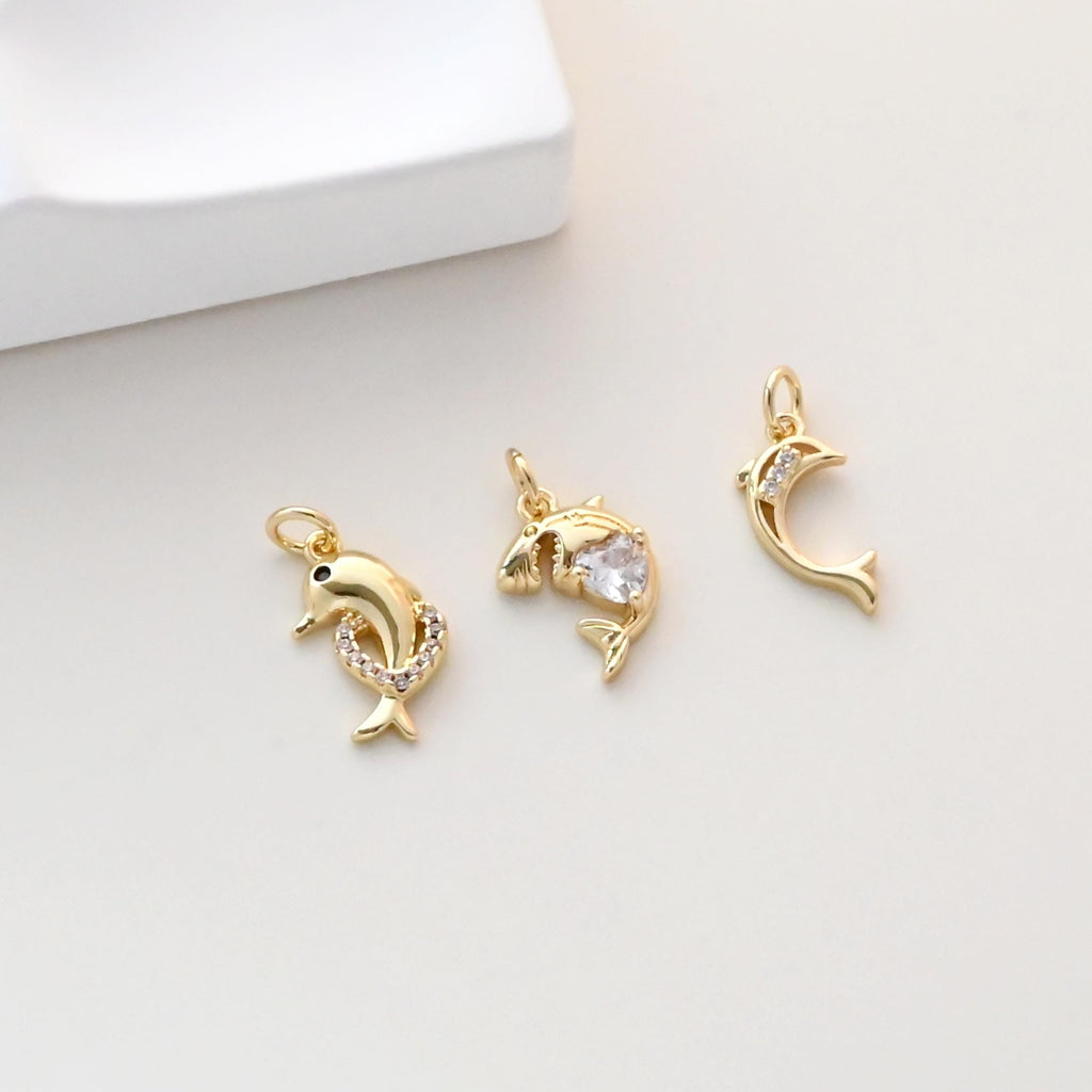 Dijes de delfín, dijes de vida marina bañados en oro de 18 quilates, pavé de circonitas, colgante de vida marina, dije para hacer collares, accesorios de joyería S1324
