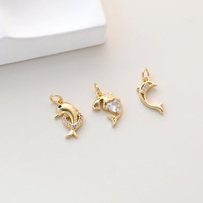 Dijes de delfín, dijes de vida marina bañados en oro de 18 quilates, pavé de circonitas, colgante de vida marina, dije para hacer collares, accesorios de joyería S1324