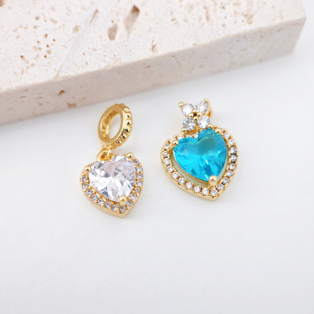 Heart Charms, Marine Blue CZ Pave, Crystal Heart, 18K Gold Plated Pendant, Bracelet Necklace Making Pendants, Jewelry Findings S20356