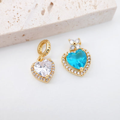 Heart Charms, Marine Blue CZ Pave, Crystal Heart, 18K Gold Plated Pendant, Bracelet Necklace Making Pendants, Jewelry Findings S20356
