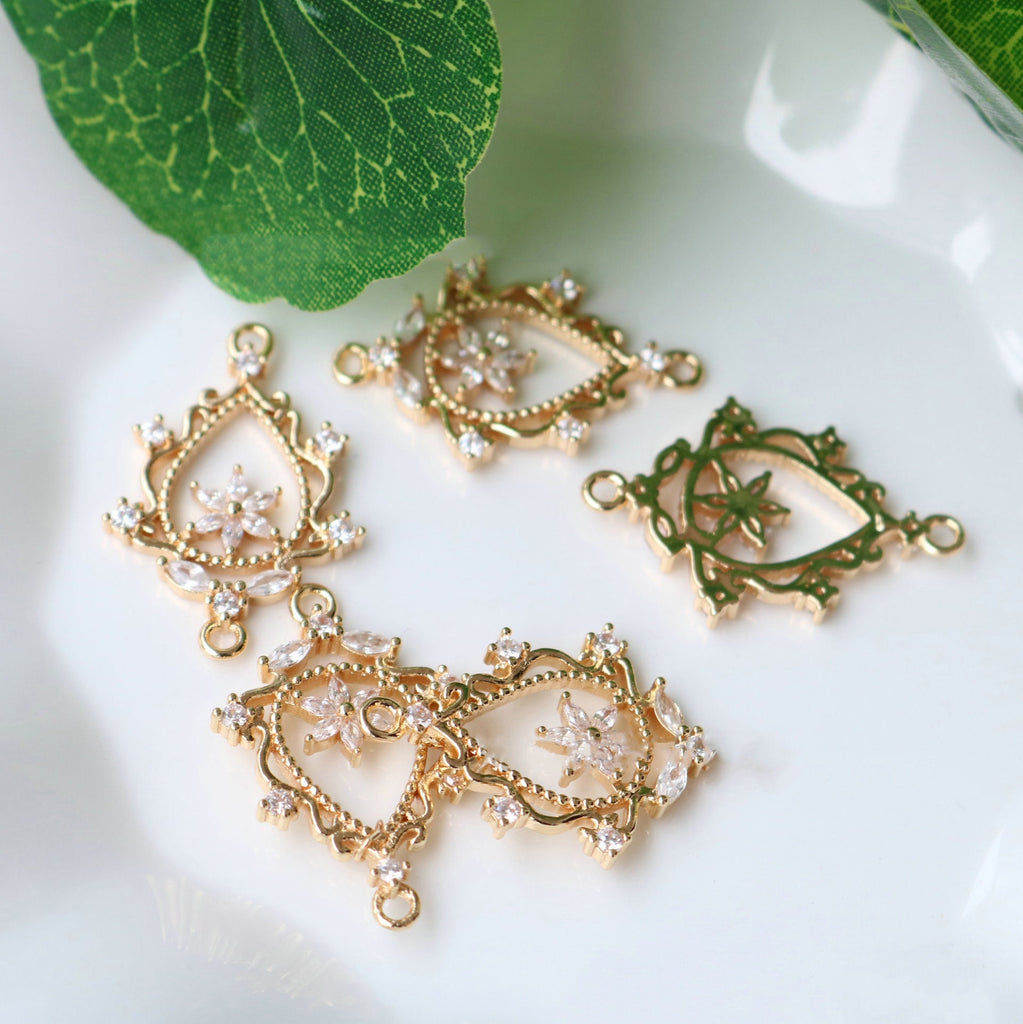 10pcs Flower Connector Charm, Cubic Zircon Crystal Flower Pendant, Real Gold Plated Brass Earring Charms, Jewelry Findings HL047-F150