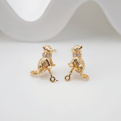 Cute Cat Earring Post, 18K Gold, S925 Silver Pin Nickel Free Earrings, Kitty Earring Animal Head Ear Stud with Loop ZX095