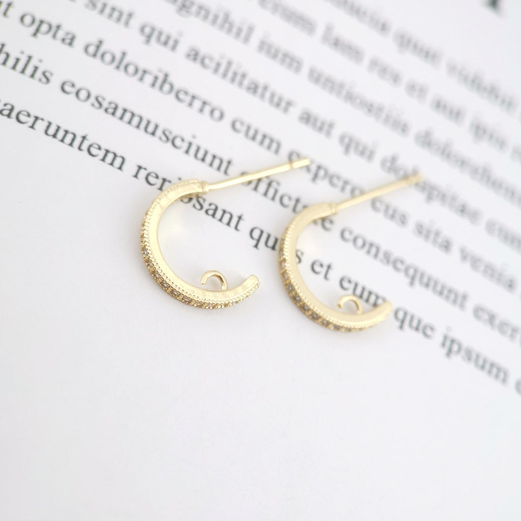 10PCS C Shape Ear Post with Loops, Nickel Free, CZ Pave, 12x2mm, 18K Gold Plated Circle Stud Earring Finding S274