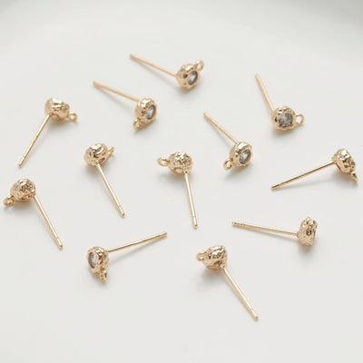 Hammered Round Earring Post, S925 Silver Pin, CZ Pave, Nickel Free Earrings, Irregular Round Shape Ear Stud with Loop JG074