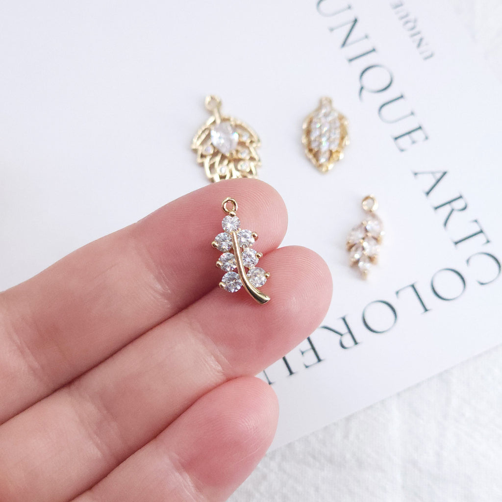 CZ Pave Leaf Charm, Cubic Zircon Crystal Leaf Pendant, CZ Earring Charms,  Real Gold Plated Brass Earring Charms, Jewelry Finding ZR009-F141