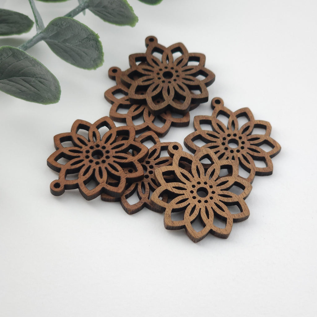 4PCS Wood Pendant, Wooden Flower Charm, Reclaimed Walnut Wood, Nickel Free, Natural Jewelry Finding JT986