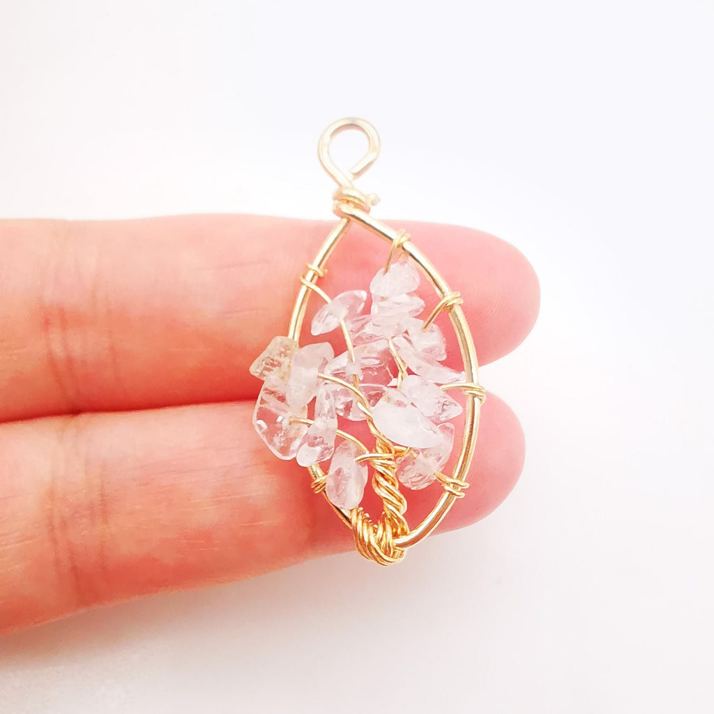 Handmade Rubble Crystal Charm, Tree of Life Pendant, Clear/Purple, Bracelet Necklace Pendant, Gold Plated Glass Charm, Jewelry Findings L007