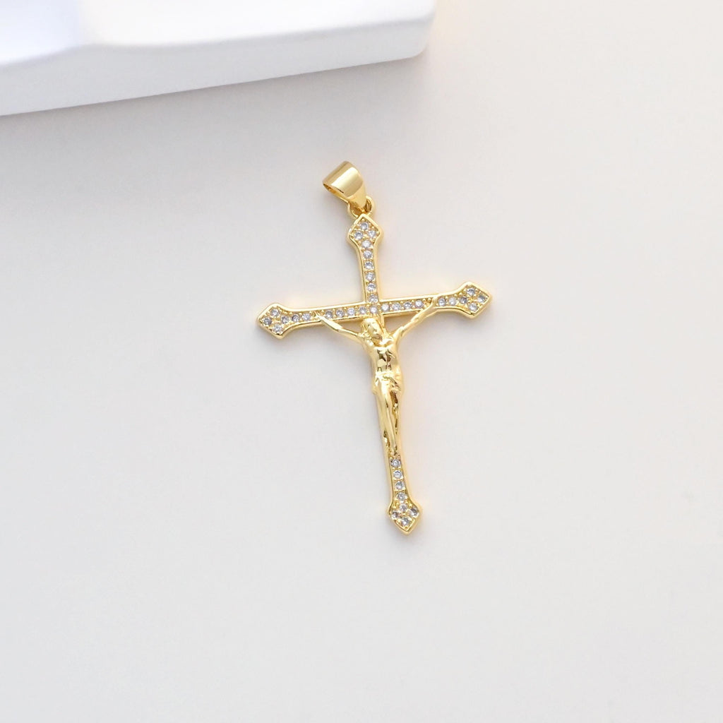 Dijes de cruz, colgante de cruz con pavé de circonitas, colgante religioso, latón chapado en oro de 18 quilates, dijes para hacer collares, accesorios de joyería S1335