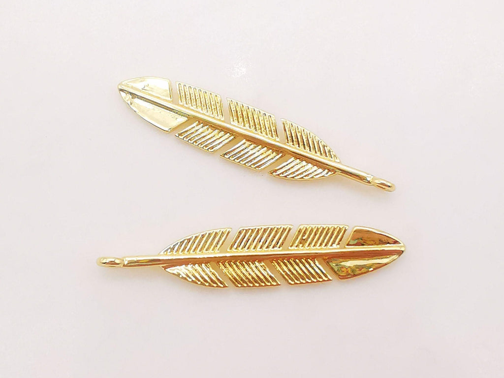 Gold Feather Charm, Dainty Matte Gold Plated Feather Pendant, Necklace Bracelet Earring Making