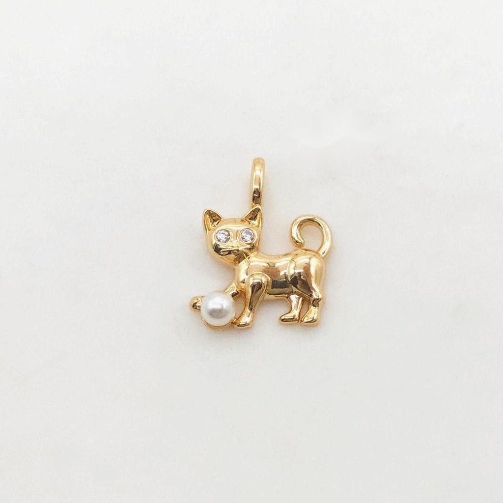 Dainty Pearl Kitty Charm, CZ Pave Cat Pendant, 3D Pendant, 18K Gold Plated, Necklace Pendant Findings S20391