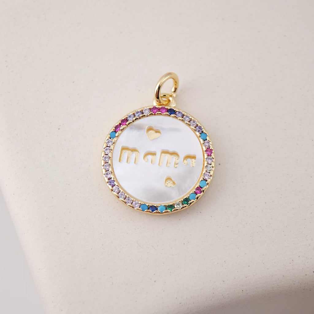 Cubic Round  MOP Mom Charm, 18K Gold Plated Micro CZ Pave Mama Pendant, Necklace Making Findings, Jewelry Finding Gift for Mom S1124